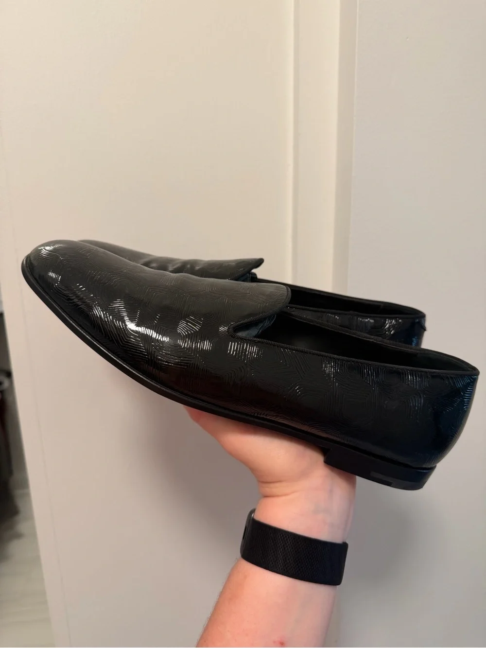 Giorgio Armani Black Patent Textured Slip-On Loafers